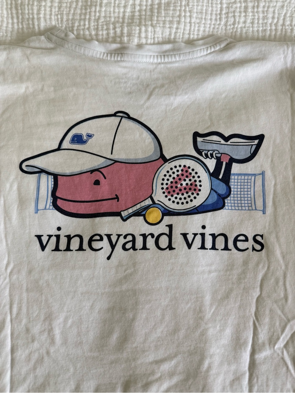 Vineyard Vines White Long Sleeve Tee with Pink Whale Tennis Graphic